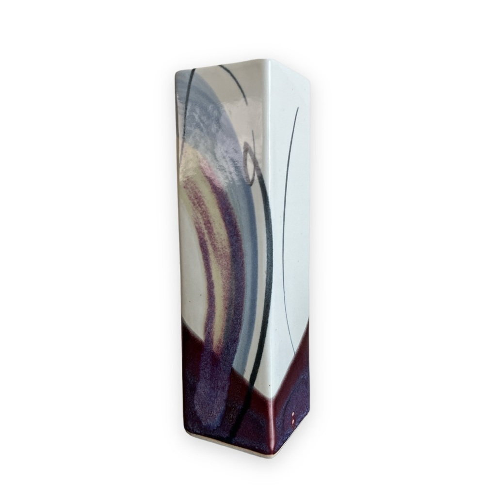 Handmade Studio Pottery Vase Blues Purple Artist Signed Rectangle 10” Earthware